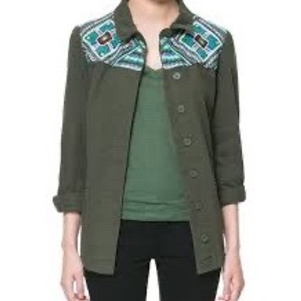 Zara Trafaluc TRF Embroidered Utility Jacket Army‎ Green Boho Military XS